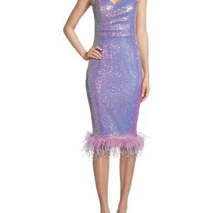 Bandeau Midi Dress With Feather Hem In Lilac Sequin